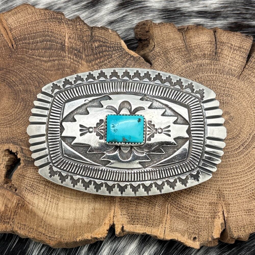 1980s Native American NAVAJO Sterling & Turquoise Blanket Pattern Belt Buckle